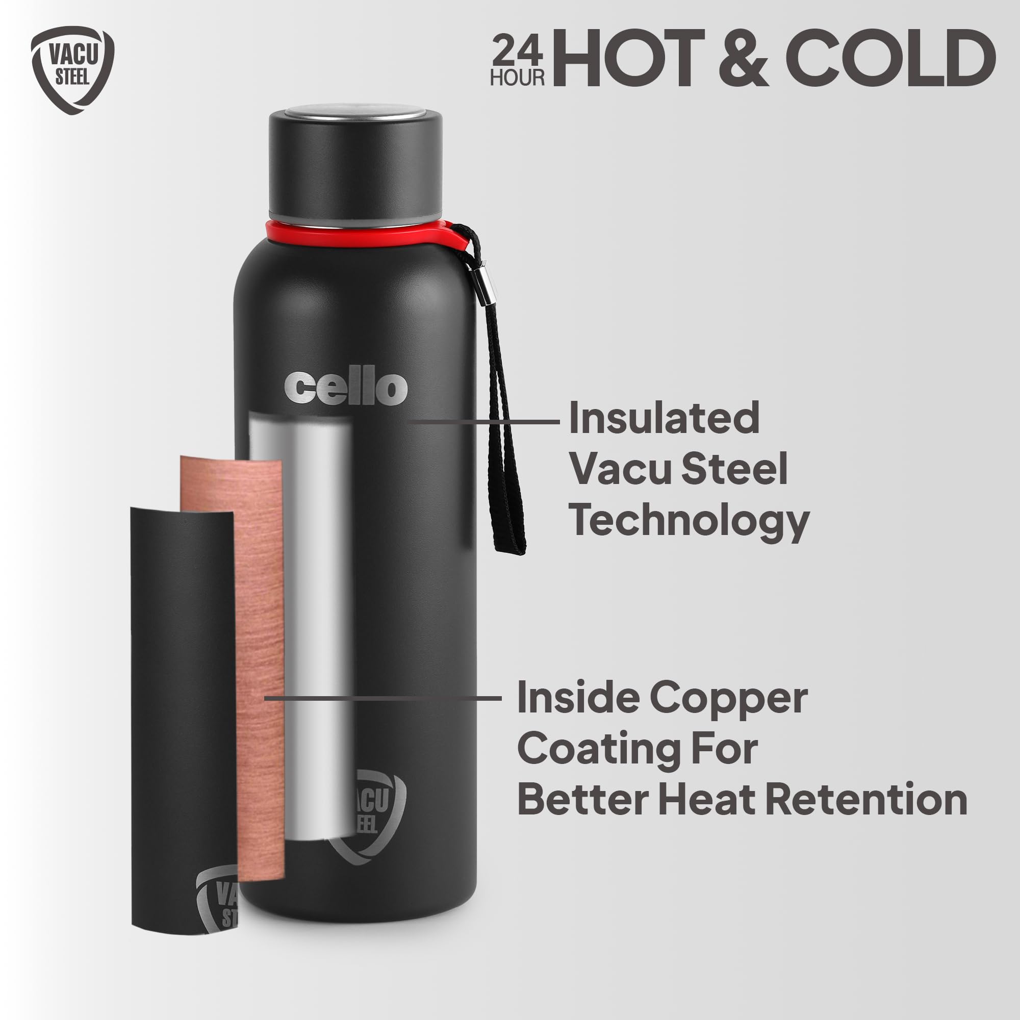 Cello Duro Kent Thermosteel Flask with DTP Coating, 750ml, Black | 24 Hours Hot and Cold Stainless Steel Bottle | Flask for Tea